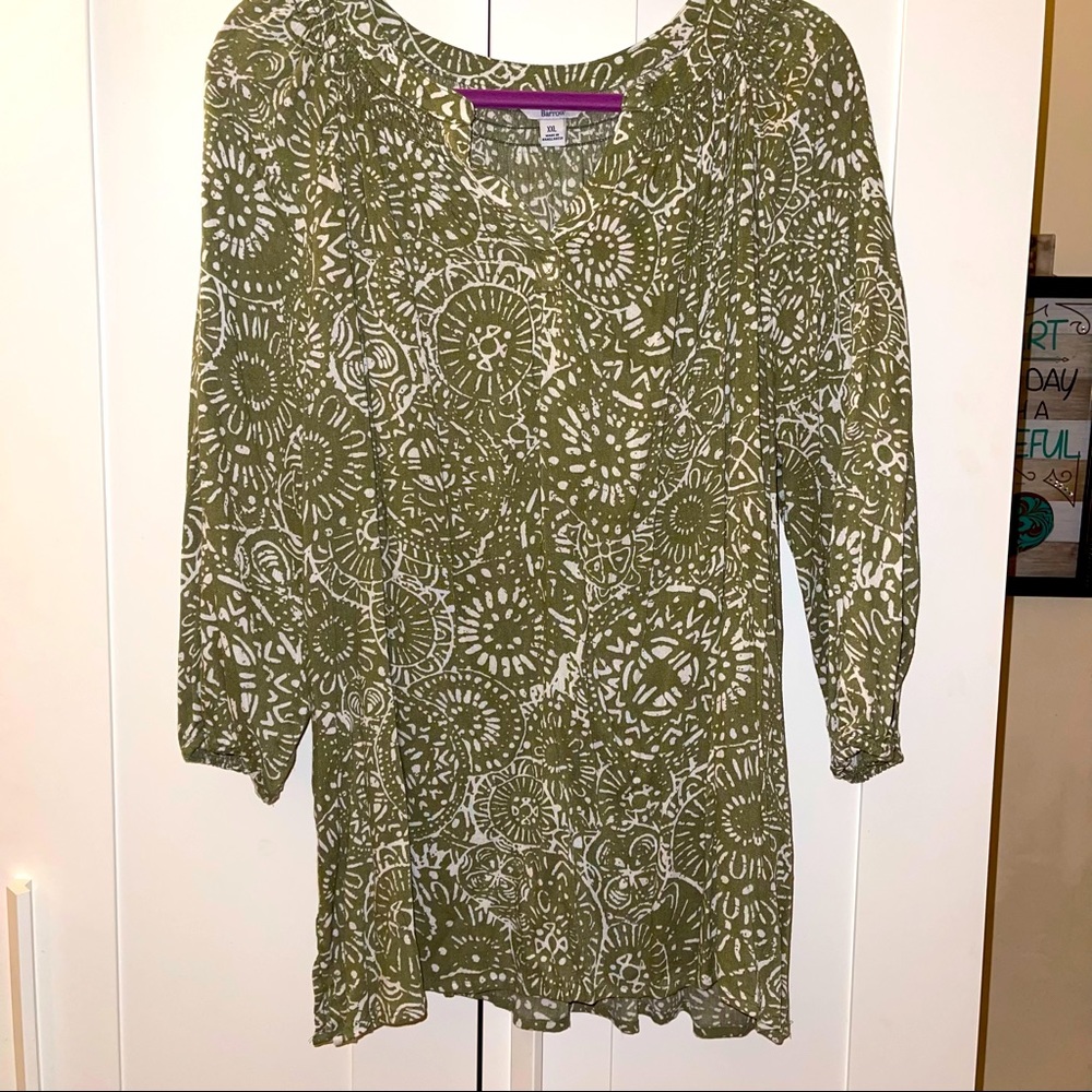 Khaki Green and White Print Blouse